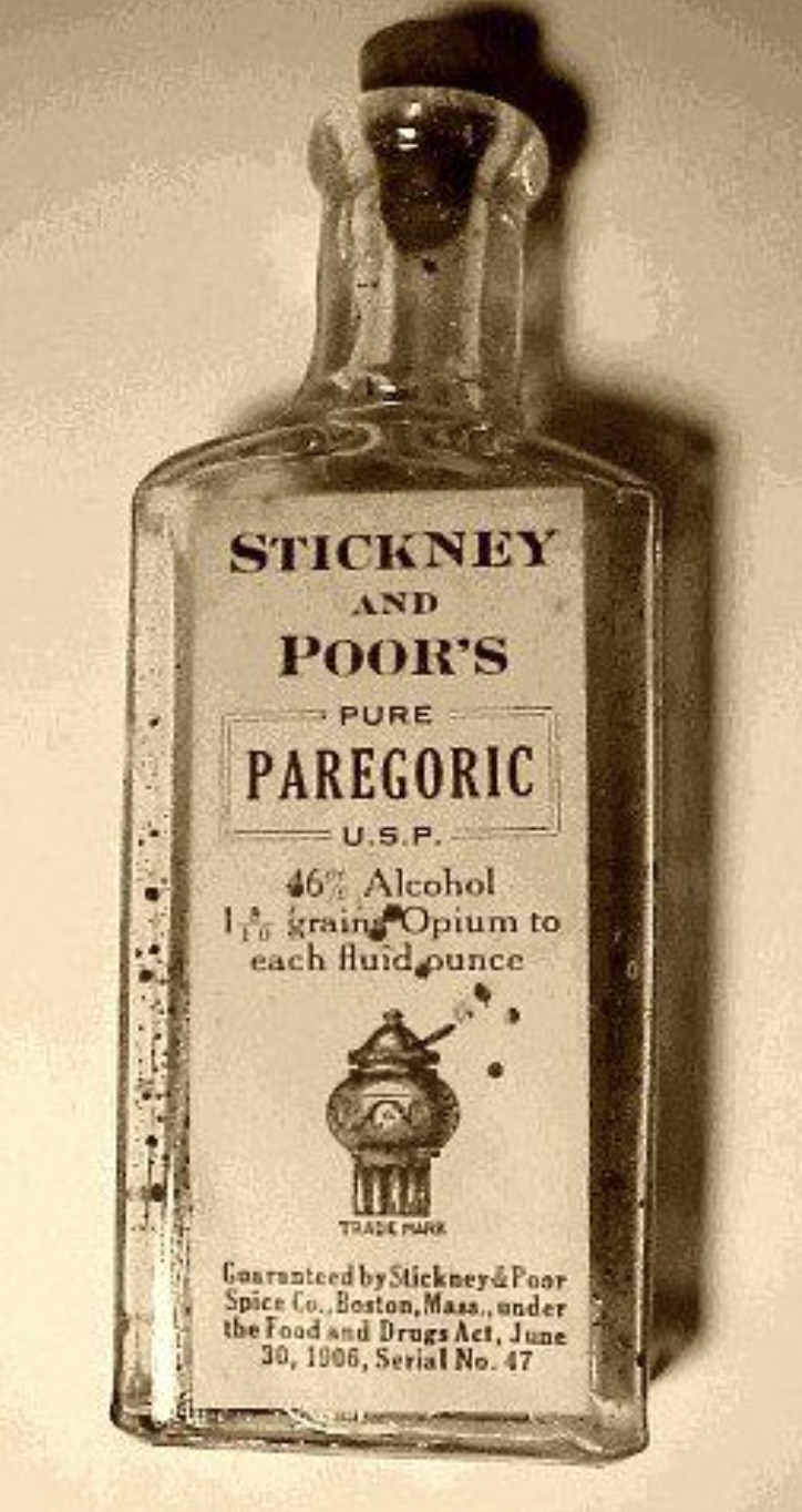 old time medicine - Stickney And Poor'S Pure Paregoric U.S.P. 46% Alcohol 1 grain Opium to each fluid ounce Trade Mark Gaaranteed by Stickney & Poor Spice Co., Boston, Mass., under the Food and Drugs Act, , Serial No. 47